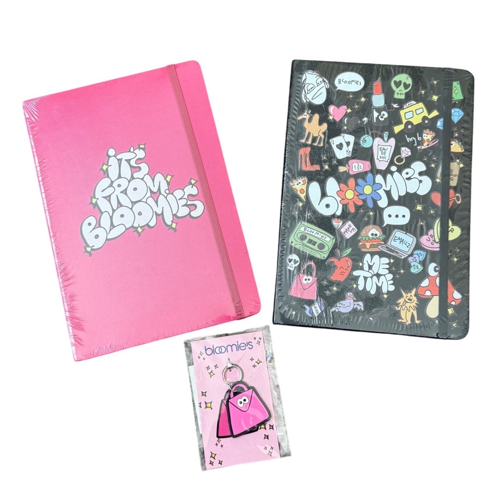 Bloomies‎ Doodle Notebook Set and Bag Charm Pink Black Journal Bundle NWT